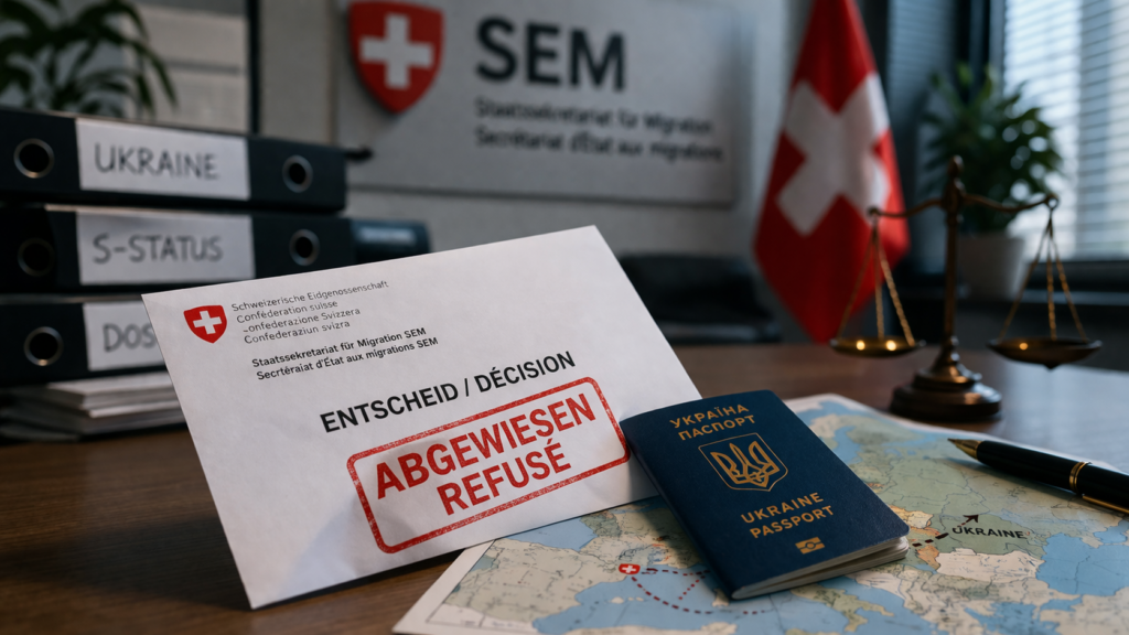 Official Swiss SEM S status rejection notice with a red "ABGEWIESEN / REFUSÉ" stamp, a Ukrainian passport, and scales of justice on a legal desk