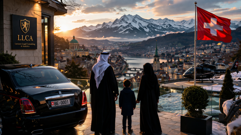 Family looking at the Swiss Alps at sunset next to a luxury car and LLCA office, representing elite Swiss relocation and asset protection