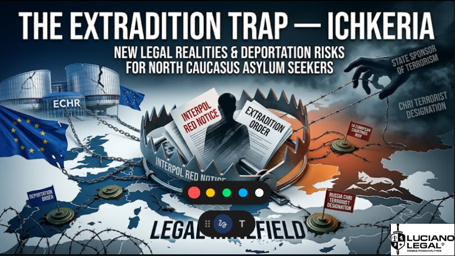 llustration of deportation threats, Interpol Red Notices, and legal risks for North Caucasus asylum seekers in Europe