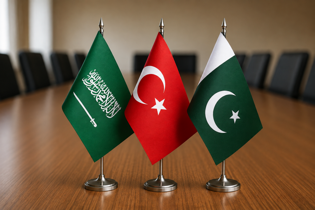 Saudi Arabia, Türkiye and Pakistan flags representing the Mecca Joint Defence Agreement